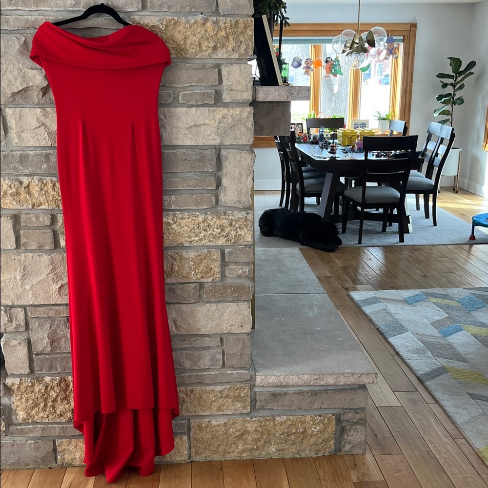 Elegant Red Off‑Shoulder Maxi Dress